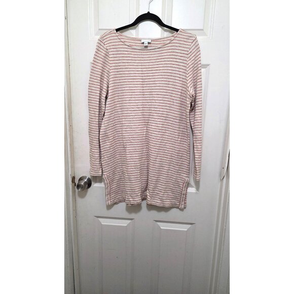 J. Jill Womens Striped Long-Sleeve Boat Neck Tunic Top Cotton Size L Orange/Whit - Picture 2 of 6